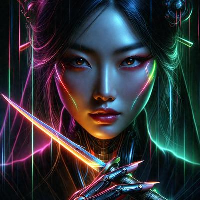 The primary subject of the image is a woman with long hair, holding a sword. She is wearing a black outfit and has a green and pink color scheme. The setting is a dark room, and the visual style is digital art. The overall atmosphere is dramatic and intense.